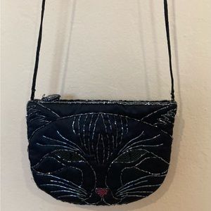 Satin Beaded Cat Purse Black